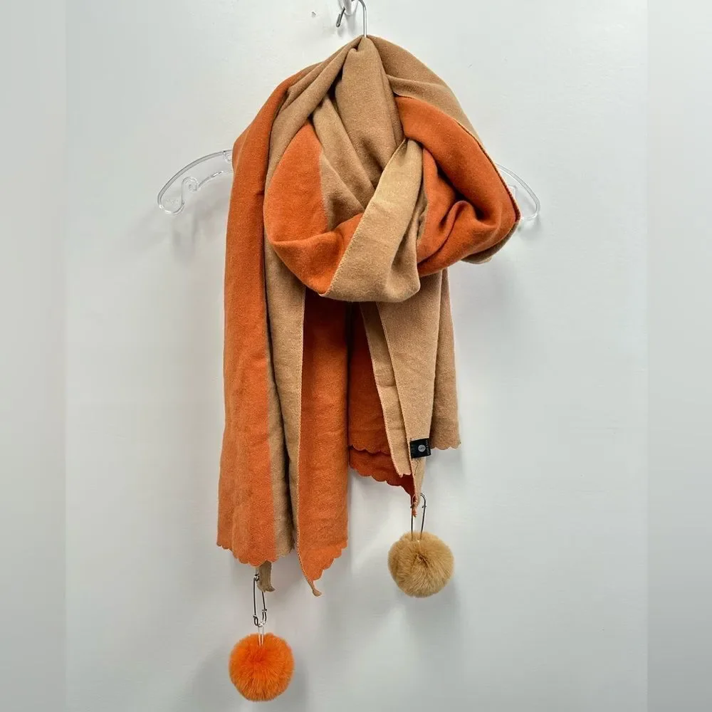 Studio Hop London Orange & Peach Color Block Angora Blend Scarf Pom Poms